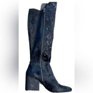CAFE NOIR Embroidered Knee High Women’s Black Suede Boots, Italian Made EU37 US7